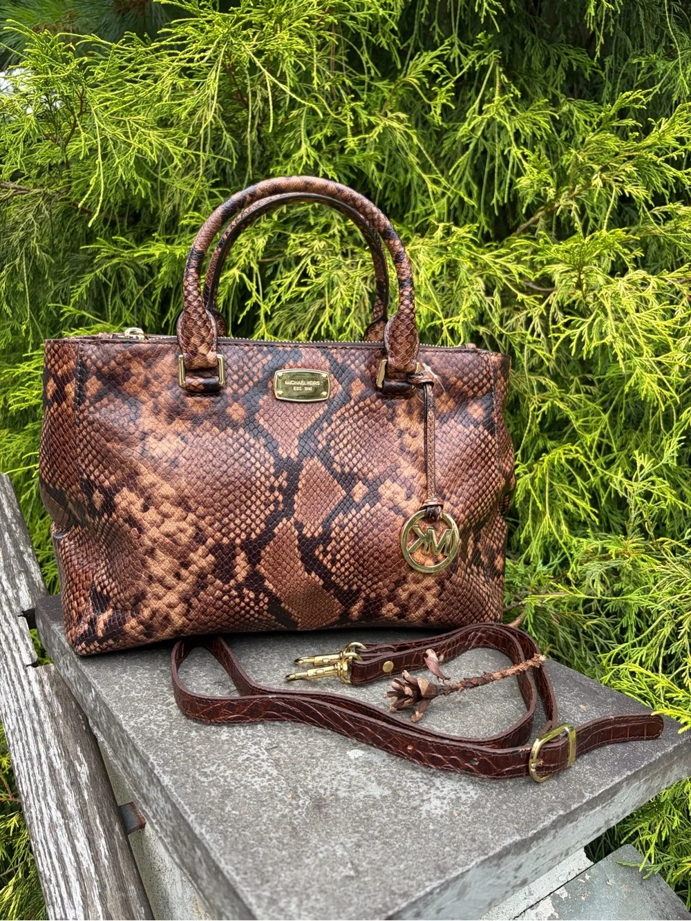 Michael Kors Brown Snakeskin Embossed Satchel Crossbody Brown Python Print